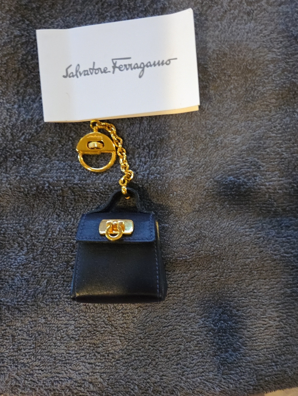 Vintage Salvatore Ferragamo Black Leather Mini Bag Keychain with Gold Hardware